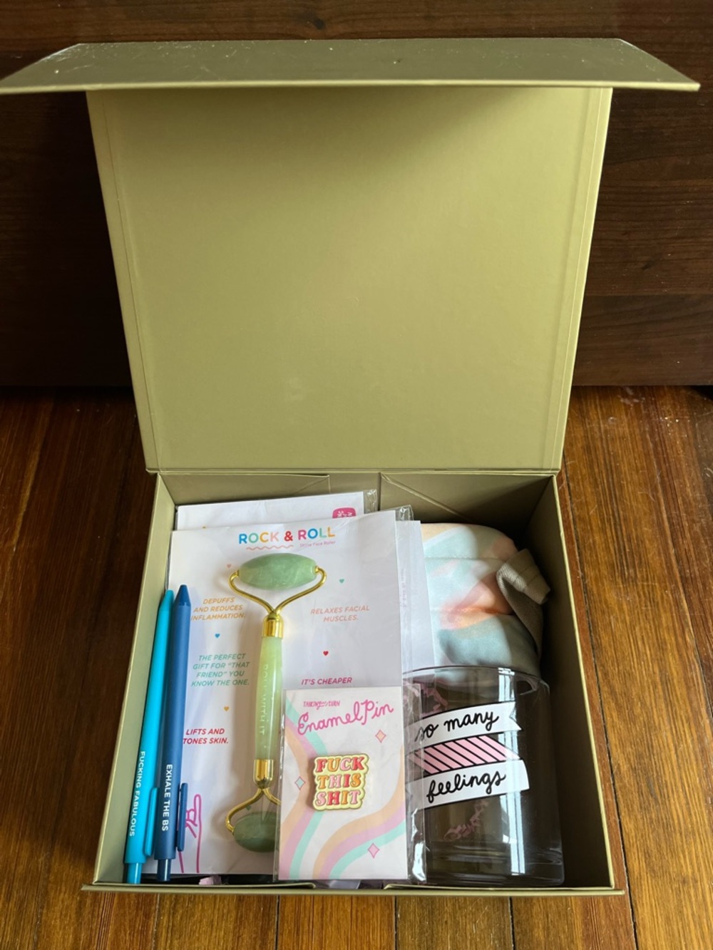 Self-Care Gift Set with Jade Face Roller, Eye Mask, Weighted Neck Wrap, and Mug